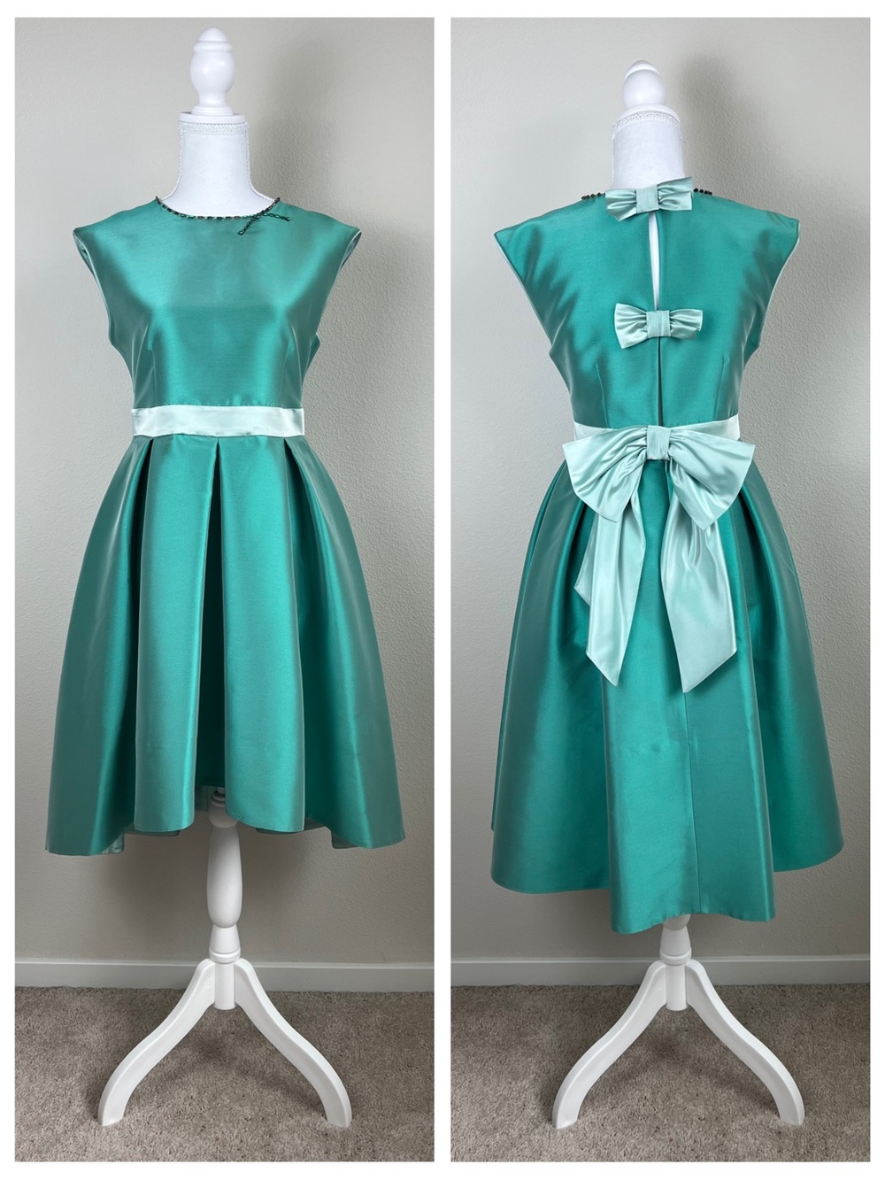 Val Max Made In Italy Mint Satin Party Dress Beaded Big Bow Jr 14 Fit & Flare